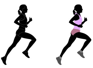 Fototapeta na wymiar female runner in color sportswear and silhouette with detailed outlines