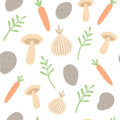 Seamless vector food pattern with colorful vegetables for textile, decor, banners. Organic healthy set of onion, carrot, potato, mushroom and greens isolated on white background