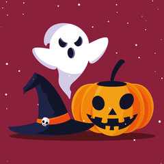Fototapeta premium Halloween pumpkin and ghost cartoon vector design
