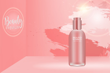 Beauty product ad design, pink cosmetic container with realistic advertising background ready to use, luxury skin care banner, illustration vector.