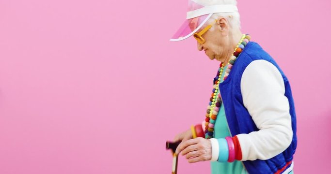 Funny grandmother portraits. Old woman on colored backgrounds