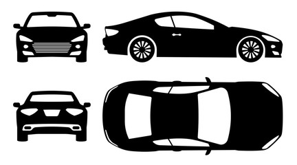 Sports car silhouette on white background. Vehicle icons set view from side, front, back, and top - obrazy, fototapety, plakaty