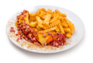 Currywurst mit Käse und Speck Variation mit Pommes Frites