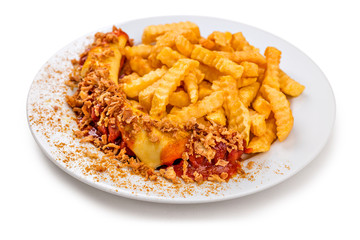 Currywurst Röstzwiebel Variation mit Pommes Frites