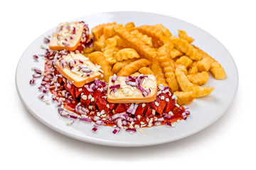 Currywurst Limburger Käse Zwiebel Variation mit Pommes Frites