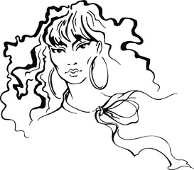 Vector hand drawn sketch of face of beautiful young woman with long wivy hair and wearing big ring earrings and bow around  her neck