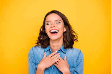 Portrait of positive cheerrful funny funky girl hear joke laugh ha-ha-ha wear youth outfit isolated...