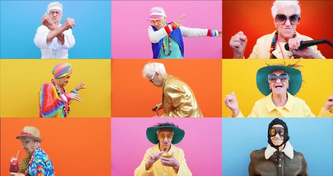 Composition with different videos of a funny grandmother. Ols senior woman performing several activities. Concept about people, lifestyle and seniority