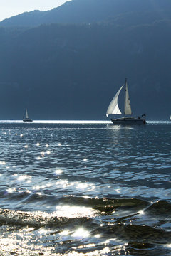 vertical view sailing yacht boats in lake bouget mountain savoie french alps riviera