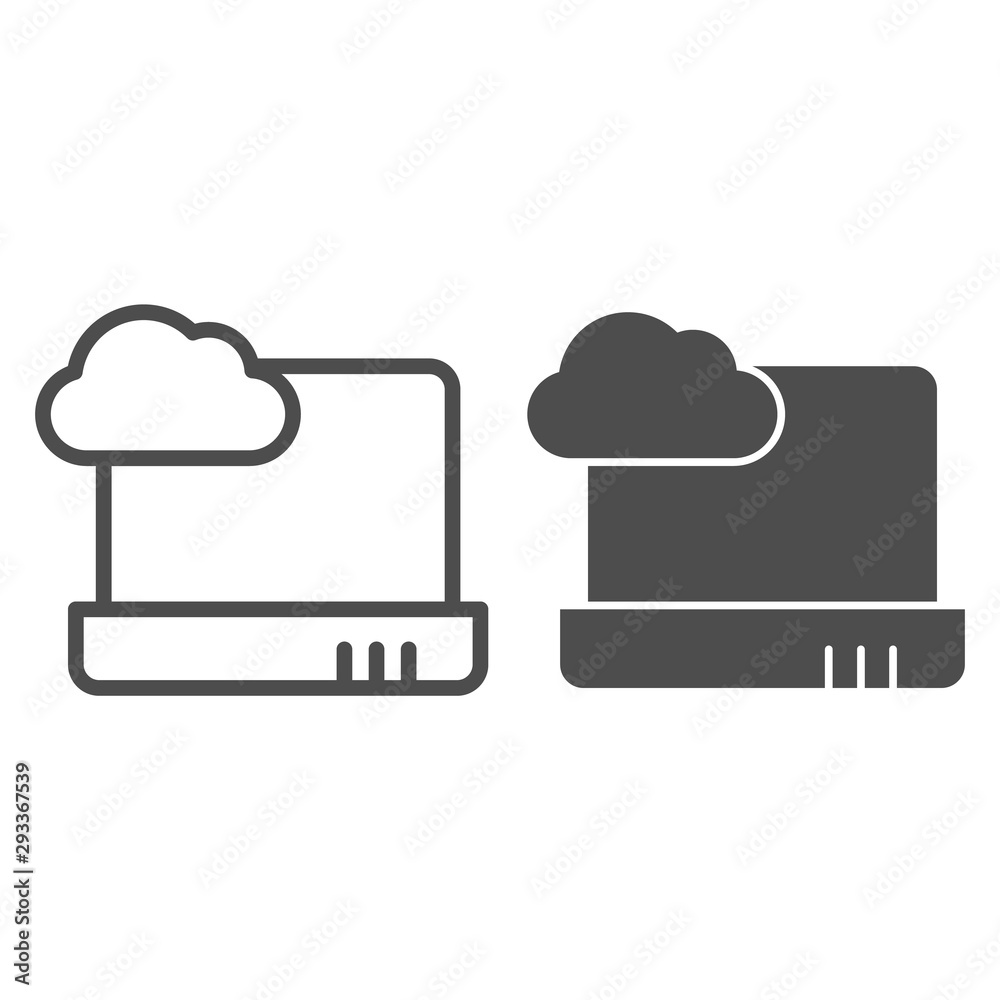 Poster cloud computing on laptop line and glyph icon. notebook with cloud vector illustration isolated on w