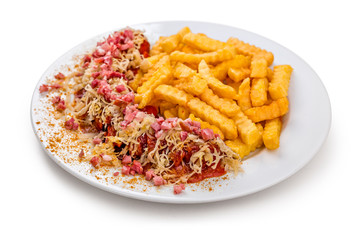 Currywurst Sauerkraut Speck Variation mit Pommes Frites