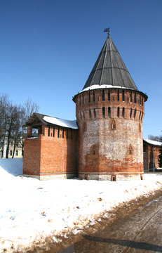 Smolensk Kremlin part of the old fortress wall thunder tower with a wooden roof, Russia