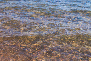 Clear water texture in blue and orange. Background of the ocean and the sea backlit by the sun. Soft waves. Natural water