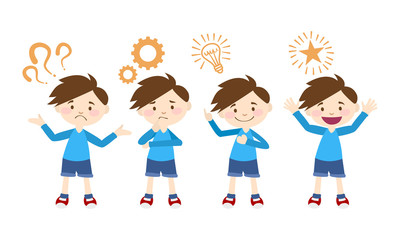 Boy thinking  Emotions and gestures. Think not, do not understand, Think out. The concept of learning and growing children. Cartoon illustrations vector