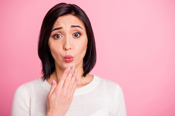Photo of amazing lady holding palm near mouth blaming herself did wrong thing wear white pullover...