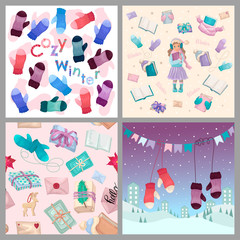 Set of winter Christmas cards. Christmas illustrations and pattern. Four different vector designs