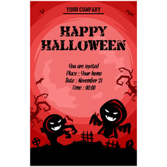 Halloween pattern. Cartoon illustration and flying bats on the background of the moon. Pattern for banner, poster, greeting card, party invitation. Vector illustration