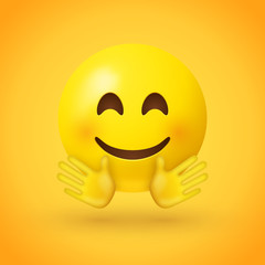 A smiling face emoji with smiling eyes, rosy cheeks, and with open hands, as if giving a hug on yellow background - emoticon showing a true sense of happiness
