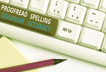 Writing note showing Proofread Spelling Grammar Accuracy. Business concept for Grammatically correct Avoid mistakes White pc keyboard with note paper above the white background
