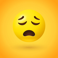 Upset face emoji with closed eyes, open frown, and raised eyebrows on yellow background