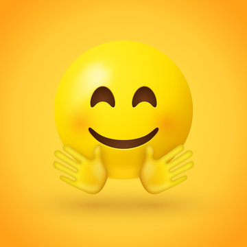 A smiling face emoji with smiling eyes, rosy cheeks, and with open hands, as if giving a hug on yellow background - emoticon showing a true sense of happiness