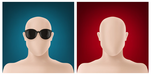 Obraz premium Faceless avatar design set - Incognito design with sunglasses on blue background and simple faceless version on red background