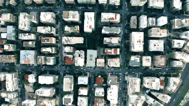 Aerial top down shot of streets and buildings pattern in Athens, Greece
