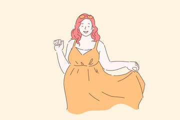 Plus size, plumper, XXL concept. Young happy woman or girl curvaceous full in a good mood posing for the camera. Cute teen fat shy lady smiling uncertainly welcomes, says goodbye. Vector flat design.