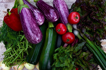 Background of fresh food tasty and healthy varis vegetables are on the wooden table.