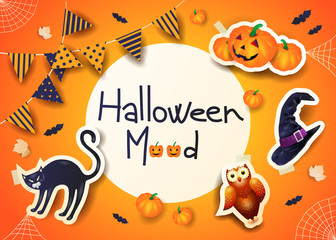 Halloween background with text, stickers and festoon on orange