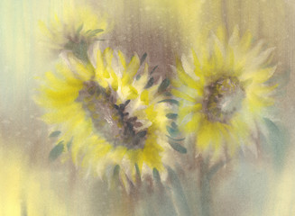Fototapeta na wymiar a bouquet of sunflowers on green watercolor background