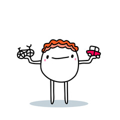 Cartoon man choosing between bicycle and personal car transport hand drawn vector illustration