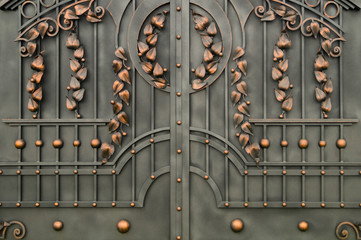 Beautiful metal gates decorated with wrought leaves