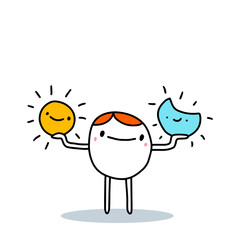 Cartoon man choosing between day and night hand drawn vector illustration