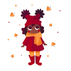 Vector illustration of cartoon a little African American girl standing under autumn fall foliage. Around are circled autumn leaves of yellow color. She in a red hat and a orange scarf with big eyes.