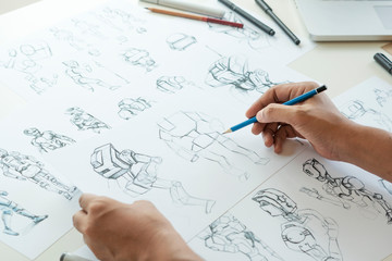 Animator designer Development designing drawing sketching development creating graphic pose characters sci-fi robot Cartoon illustration animation video game film production , animation design studio. - obrazy, fototapety, plakaty