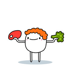 Cartoon man choosing between meat and green broccoli hand drawn vector illustration