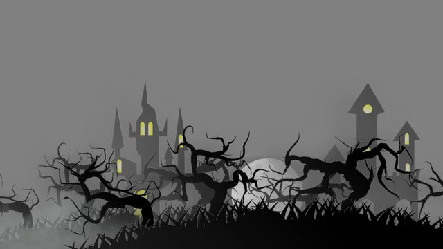 VDO Vector paper cut background.Illustration of bonfire art with decorations in Halloween,Happy Halloween colorful animation background. Castle with scary moving trees at graveyard and flying bats at