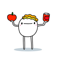 Cartoon man choosing between fresh tomato vegetable and canned food hand drawn vector illustration