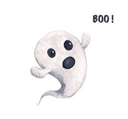 Cute little ghost isolated on white background. Spooky for halloween decorations. Watercolor illustration.