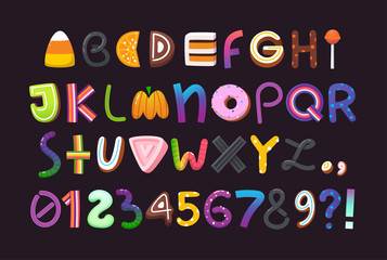 Halloween vector alphabet with letters and numbers made of sweets and candies. Part 3/3