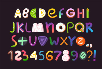 Halloween vector alphabet with letters and numbers made of sweets and candies. Part 1/3