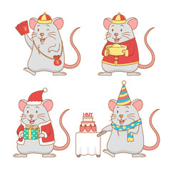 Set of cute cartoon rats for New year, year of the rat.	