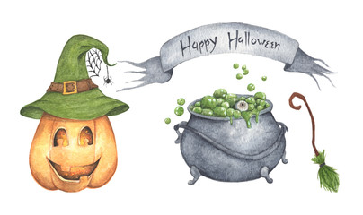 Watercolor Halloween set. Hand painted cauldron with potion, broom, pumpkin. Isolated on white background. Holiday illustration for design.