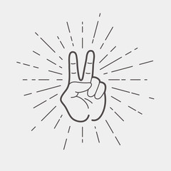 Sign of victory. The gesture of the hand. Two fingers raised up. Vector vintage  illustration. 
