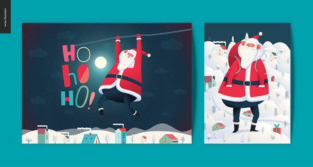 Merry Christmas and Happy New Year greeting cards set - modern flat vector concept illustrations of Santa Claus and Winter Holiday decoration and golden elements, snow and stars