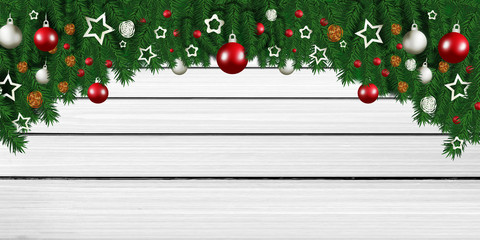 Fototapeta na wymiar Christmas banner illustration wooden background with fir branches
