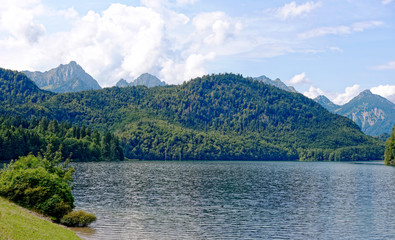 View of scenic Lake Alpsee near the village of Hohenschwangau in Southern Bavaria, Germany