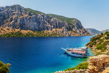 hills and blue sky at background on Camellia Island, Marmaris Turkey