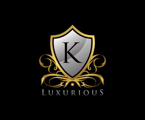 Gold Shield K Letter Logo. Gold Vintage Shield With K Letter prefect for boutique, hotel, restaurant, wedding and other elegant business. 